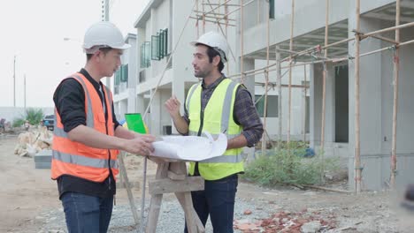 gerente profesional de ingenieros civiles masculinos o arquitectos y capataz, trabajador. mientras se reúnen discuten inspeccionar con computadora portátil, proyecto de construcción de planos en el sitio de construcción. concepto de construcción de bienes raíces.