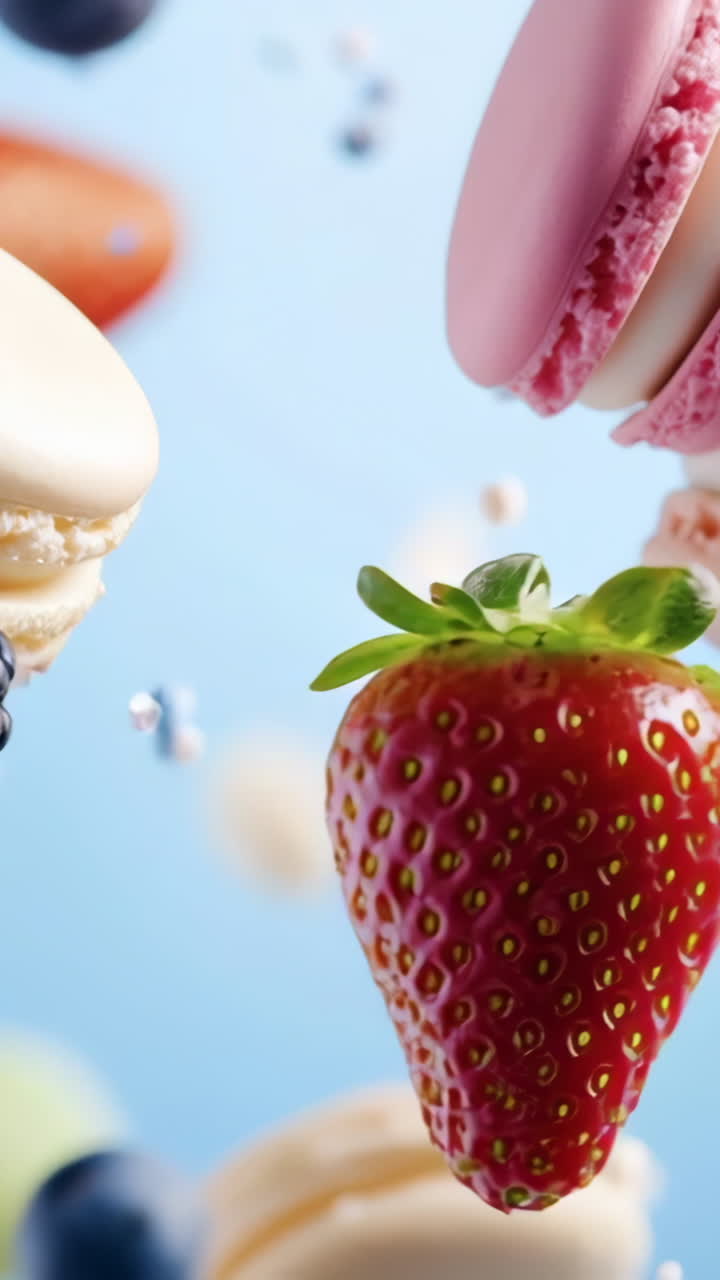 Colorful macarons and berries in mid-air. Colorful macarons and fresh berries pop against a vibrant blue background, highlighting these sweet treats.