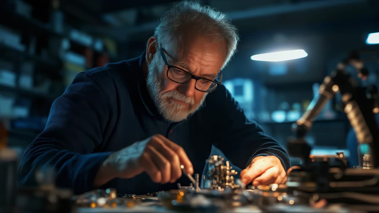 Elderly man repairs electronic circuit board