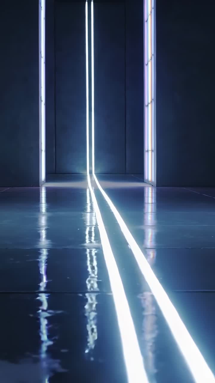 Video verticale: Telecamera che avanza lungo un pavimento bagnato verso un'entrata illuminata, con strisce LED.