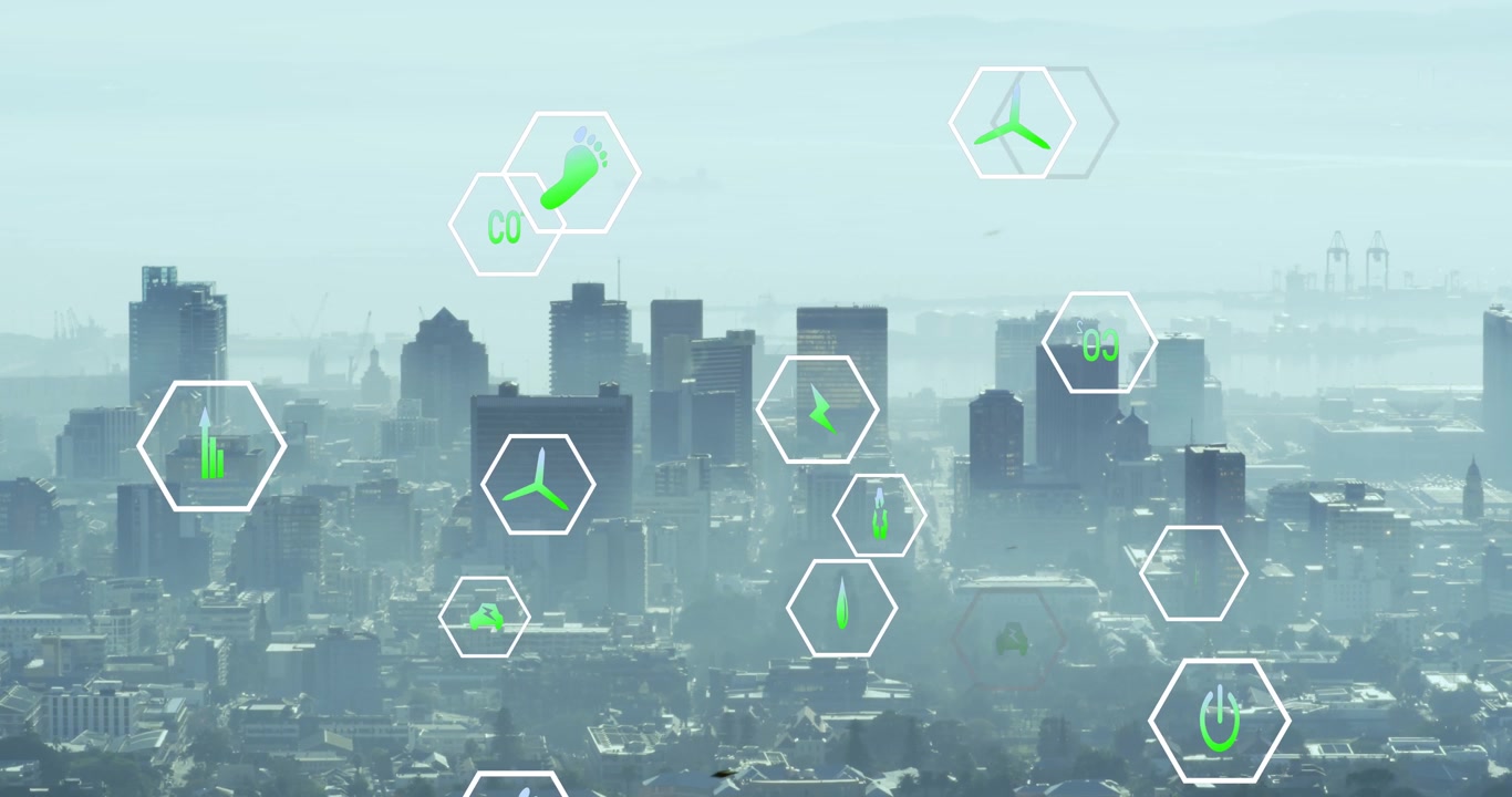 Vertical video: Overlay starting few hexes fading in, visualizing eco metrics across hazy skyline