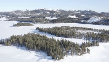 Vista-Aérea-Del-Lago-Cubierto-De-Nieve-Con-Vistas-Al-Bosque-Y-La-Montaña-En-Invierno