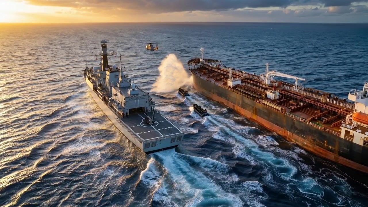 Large gray naval warship escorting a massive rusted oil tanker across the open ocean at sunset