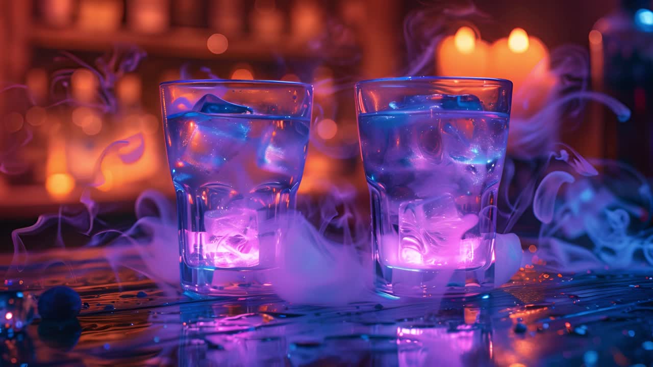 Glowing Drinks with Smoke in a Neon Bar