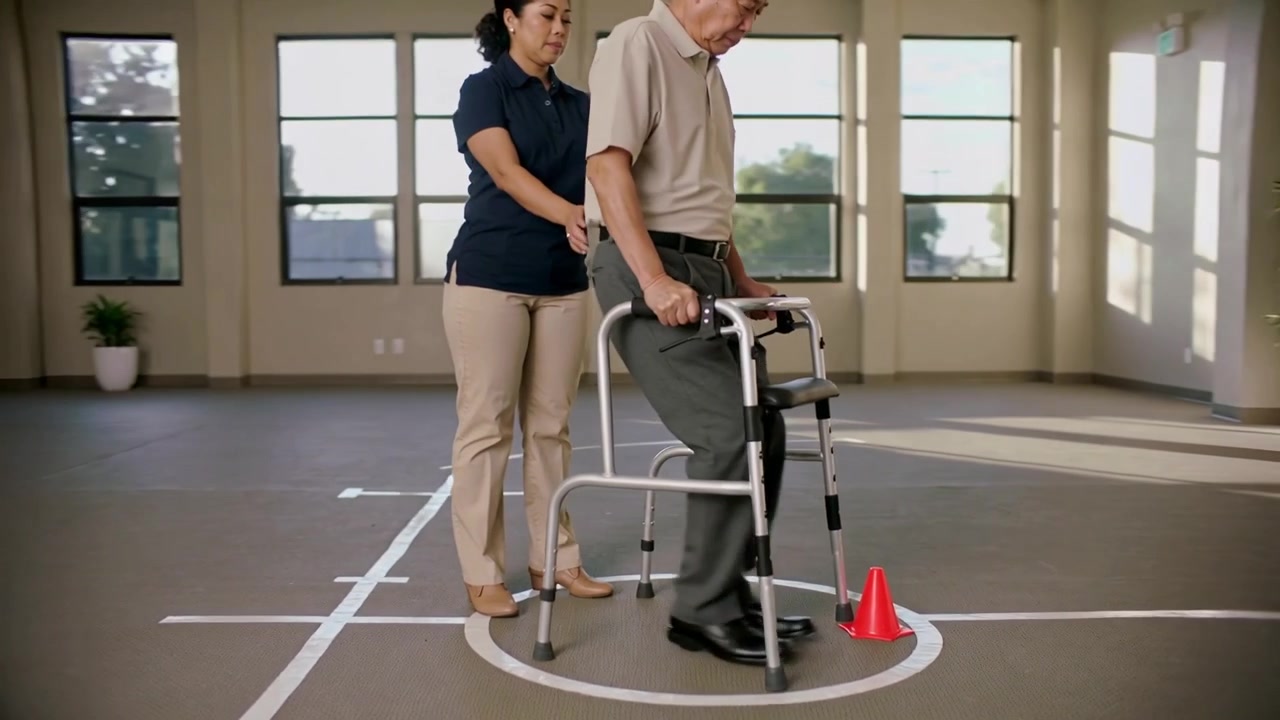 Walking patient on therapist cue taking controlled steps in clinic for rehab with walker and cone