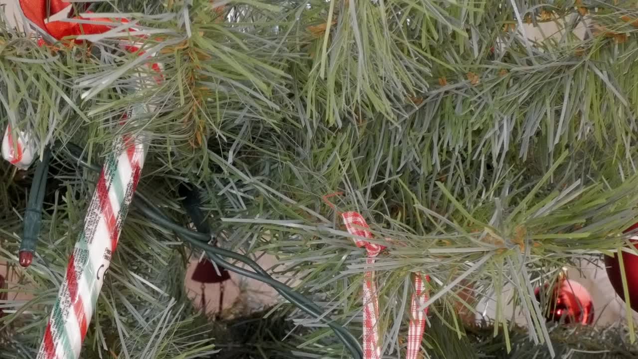 A close-up of a decorated Christmas tree with red ornaments and ribbon, evoking warmth