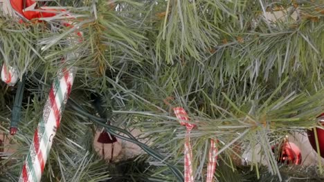 a close-up of a decorated christmas tree with red ornaments and ribbon, evoking warmth