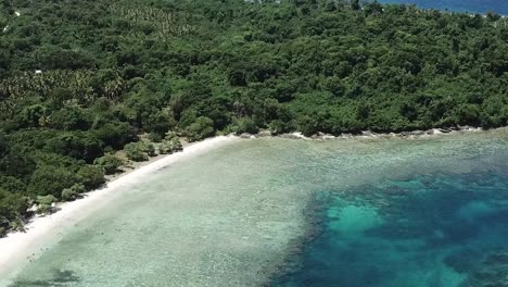 Fliegen-über-Atemberaubend-Klares-Inselstrandwasser-Mit-Wald