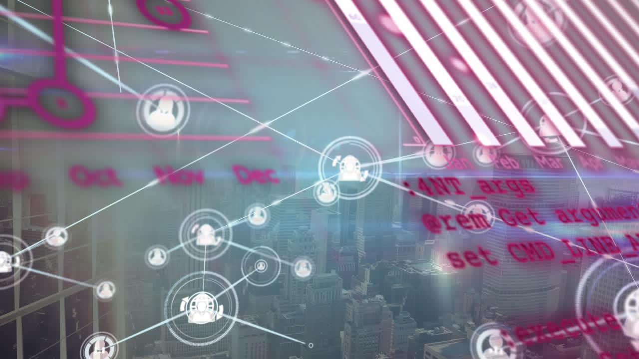 아이콘과 데이터 처리를 통해 도시 풍경에 대한 연결 네트워크의 애니메이션