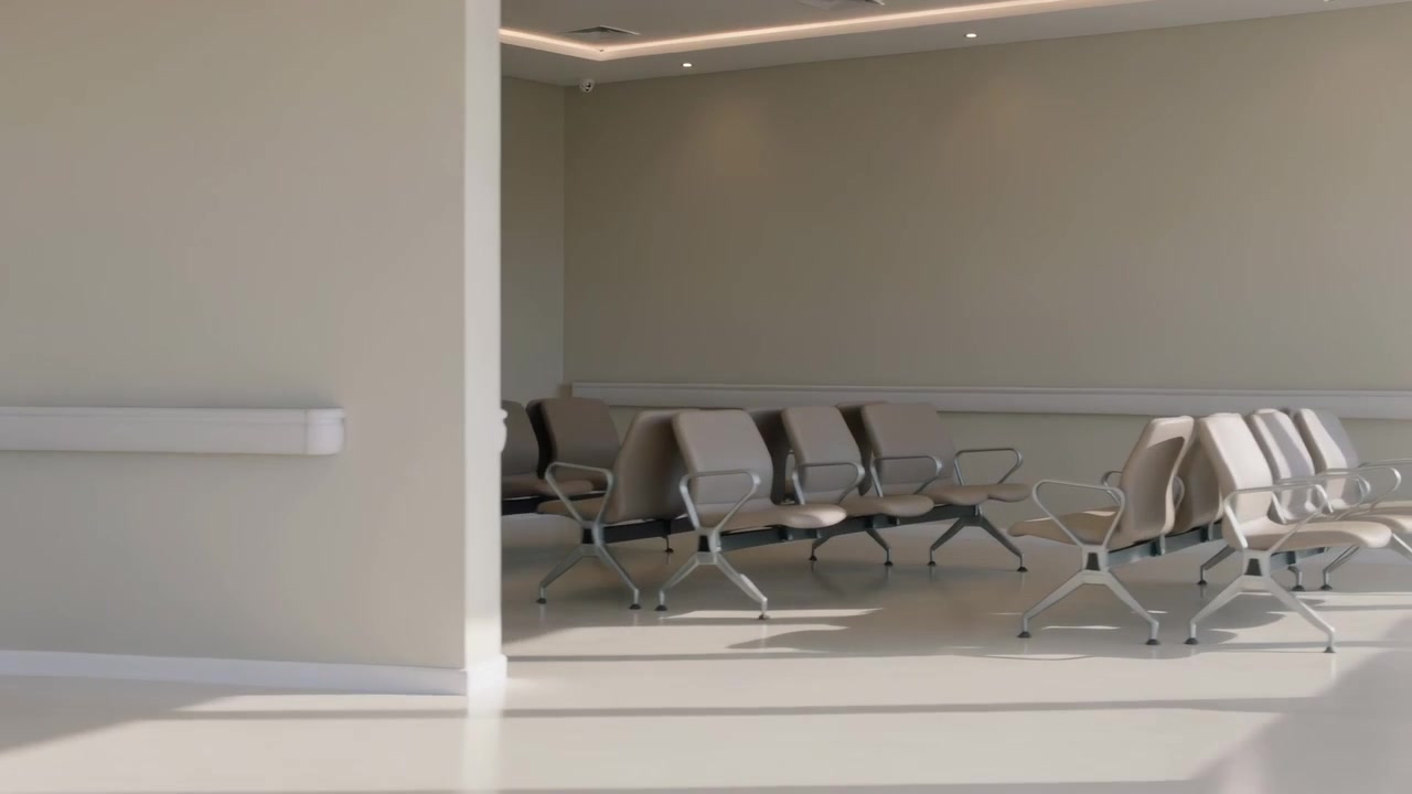 Telecamera in panoramica che rivela una parete divisoria beige con un corrimano bianco in una sala d'attesa, mostrando delle sedie.