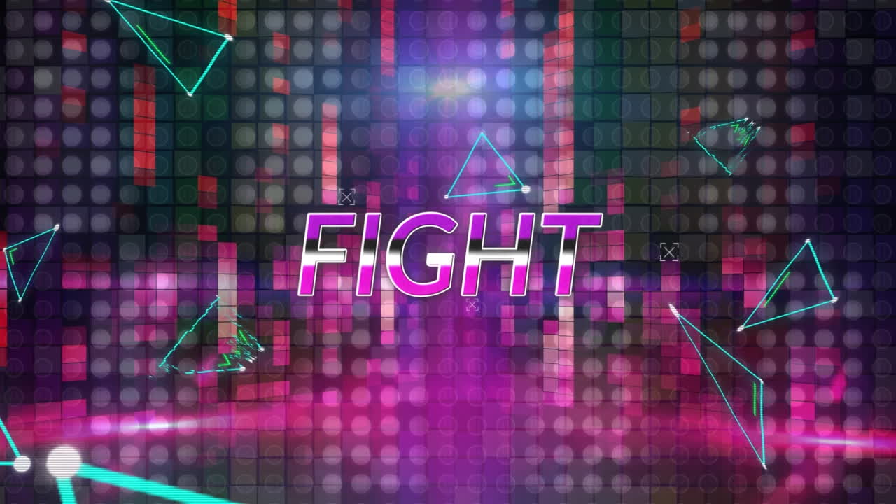 네온 삼각형 모양과 모자이크 사각형에 대항하여 텍스트 배너를 싸우는 애니메이션