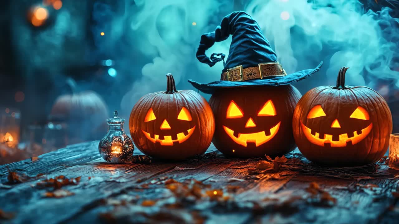 Three pumpkins with a witch's hat on top of them. The pumpkins are lit up and the hat is black