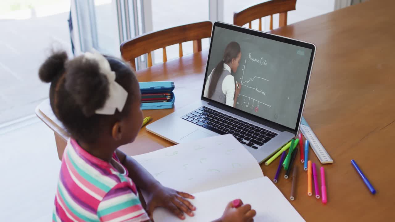 African american girl sitting at desk using laptop having online school lesson