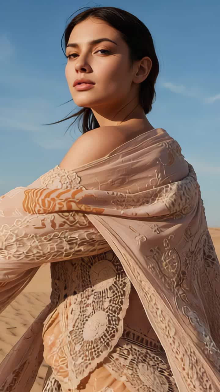Vertical video: Desert breeze lifting shawl, model rotating profile revealing lace bodice on dune