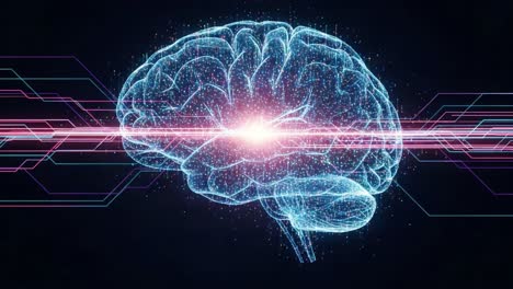 a stunning representation of a brain in digital space, showcasing neon glow and advanced technology elements, symbolizing intelligence and connectivity in modern science