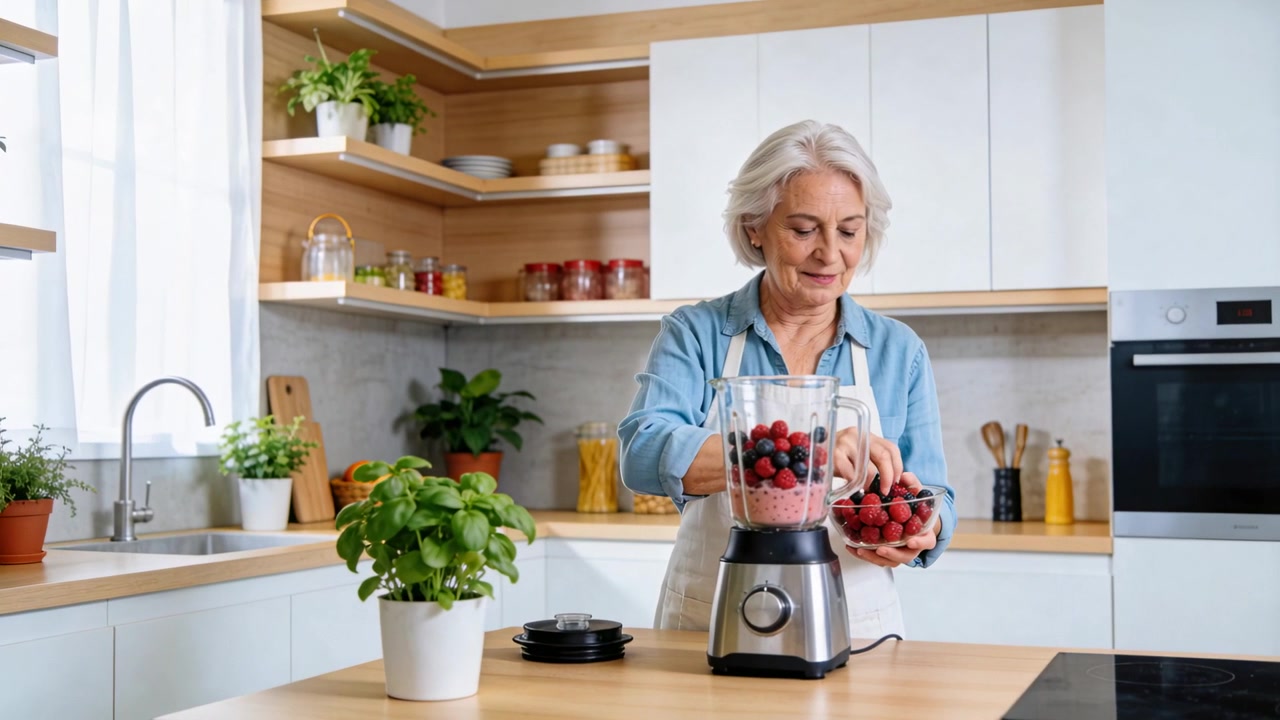 Donna anziana con grembiule che tiene una ciotola di frutti di bosco e li versa nel frullatore in cucina per un frullato.
