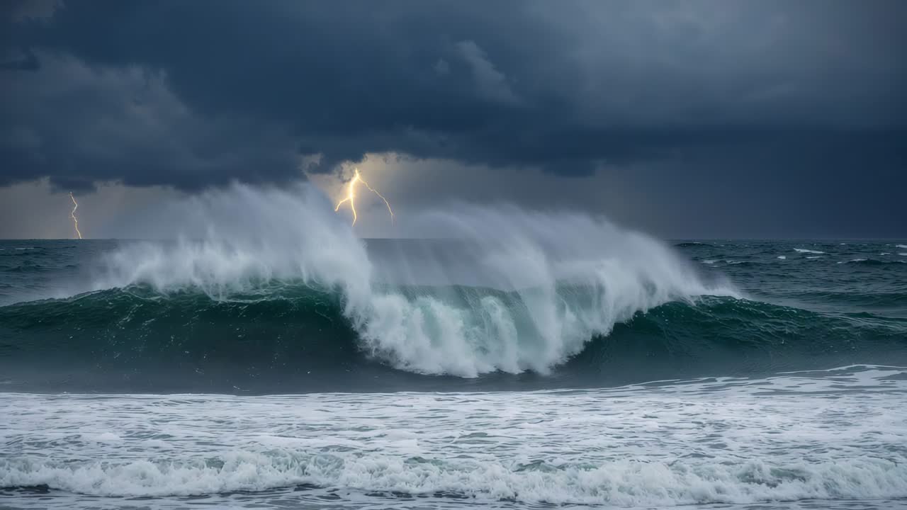Curling wave cresting and crashing at shore, with lightning flashing above dark storm clouds