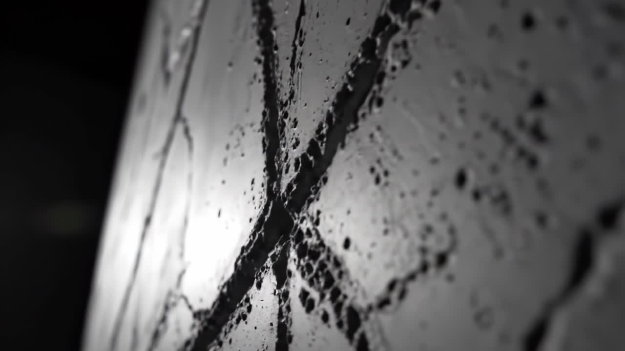 Close-Up Exploration of Textured Surface with Water Droplets, Highlighting Intricate Patterns and Details in Black and White Contrast