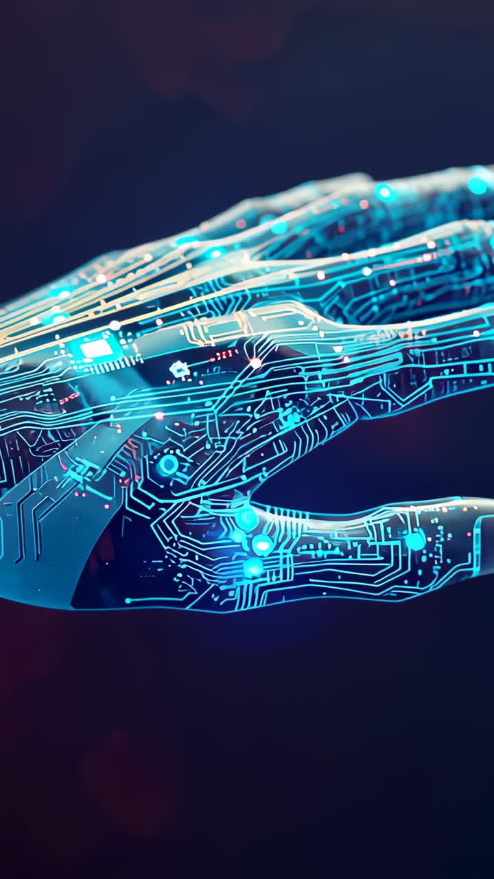 Vertical video: Drifting robot hand flexing fingers in void, chip pulsing circuit traces activating