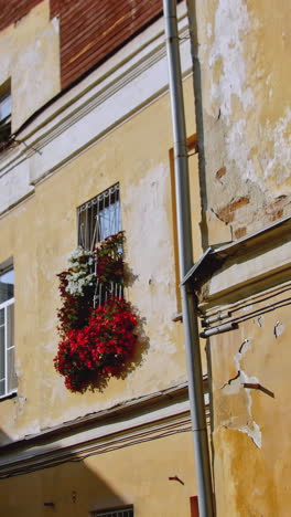 old european building with window boxes and damaged facade