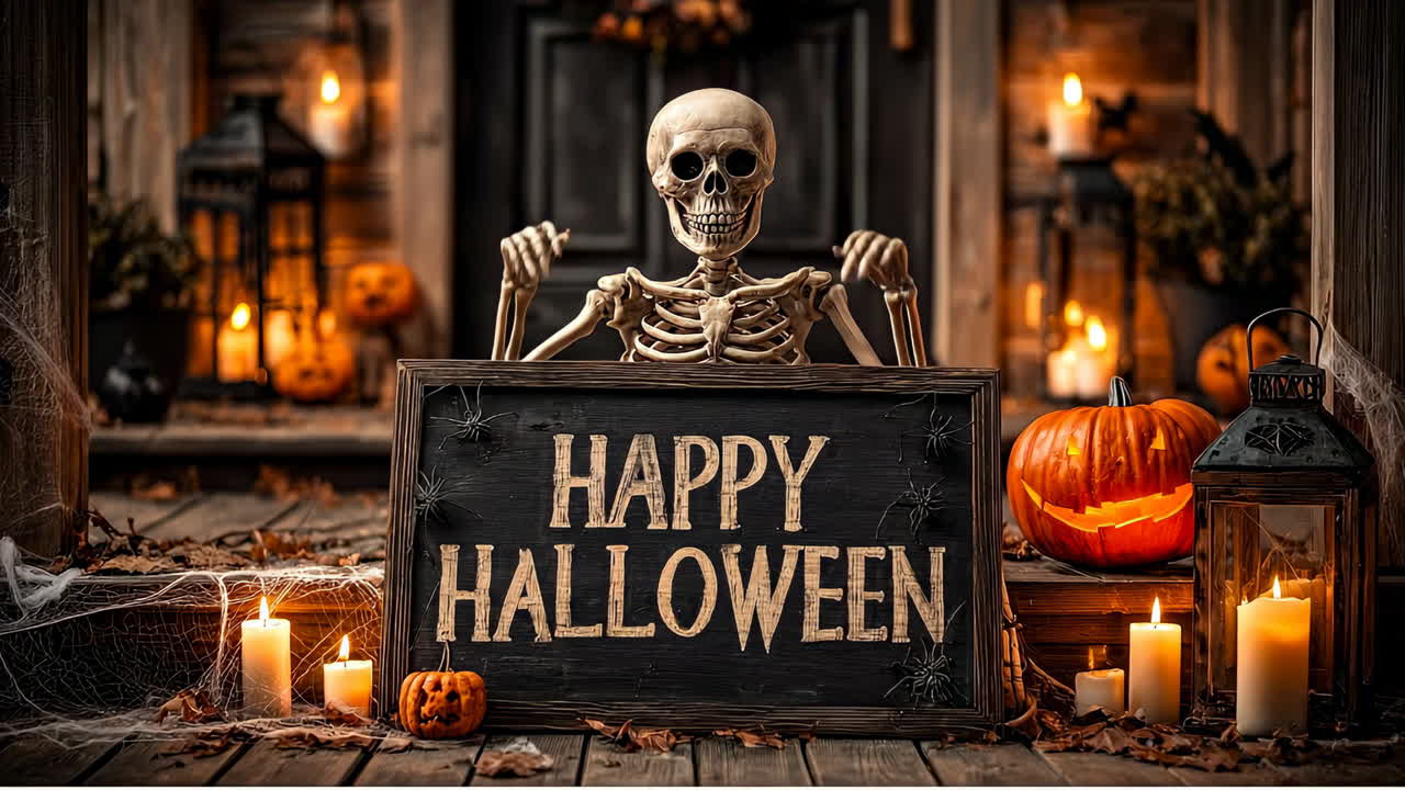 Skeleton with Happy Halloween sign and glowing pumpkins. A spooky skeleton holding a Happy Halloween sign is surrounded by glowing jack-o'-lanterns and candlelight decorations