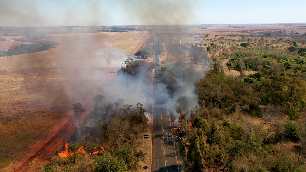 vista aérea del incendio forestal al lado de la carretera, fuego, arbusto, peligro
