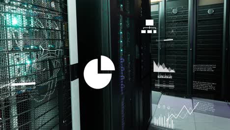 cloud icon with charts and graphs processing data over glowing servers in dark computer server room