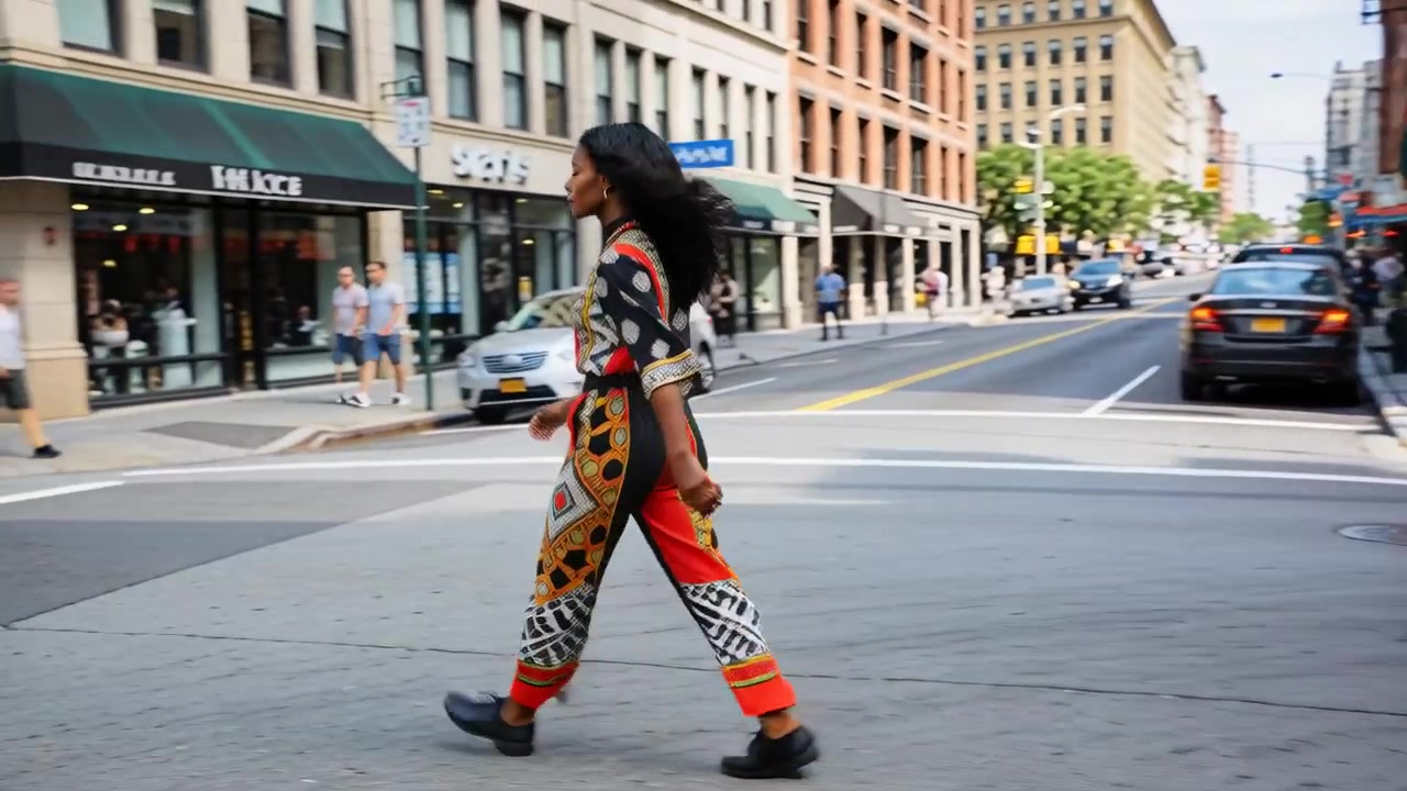 Crossing woman in colorful jumpsuit stepping across city crosswalk after walk signal, avoiding SUV