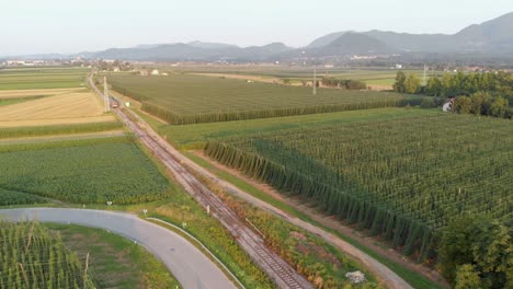 Luftaufnahme-Einer-Schönen-Grünen-Wiese-Während-Des-Sonnenuntergangs-Im-Slowenischen-Tal