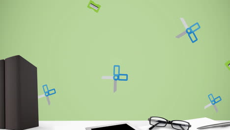 animación de archivos de oficina y elementos de oficina sobre un fondo verde