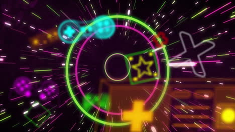 animation of neon gaming icons over light trails on black background