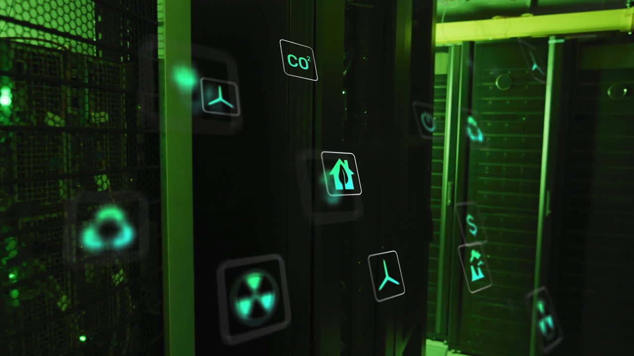 animación de iconos ecológicos y procesamiento de datos a través de servidores informáticos.
