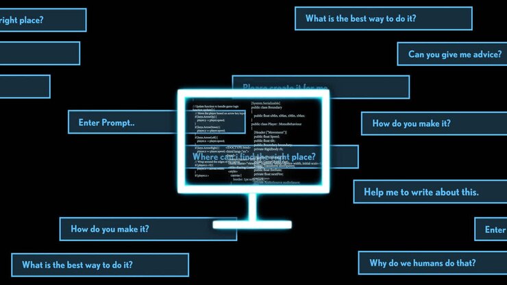 Animação de assistência de programação, tela de computador com código cercada por caixas de perguntas.