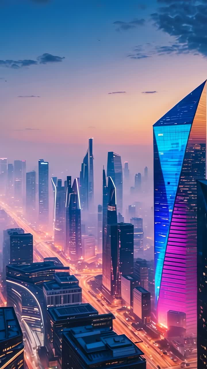 Vertical video: Camera panning over dusk skyline, revealing neon-lit triangular tower, light trails