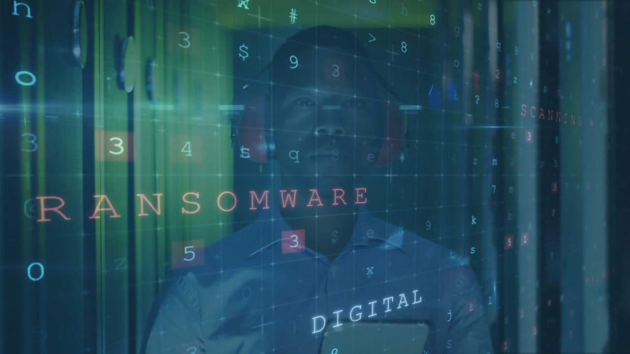Animation of data processing against african american male engineer working at computer server room