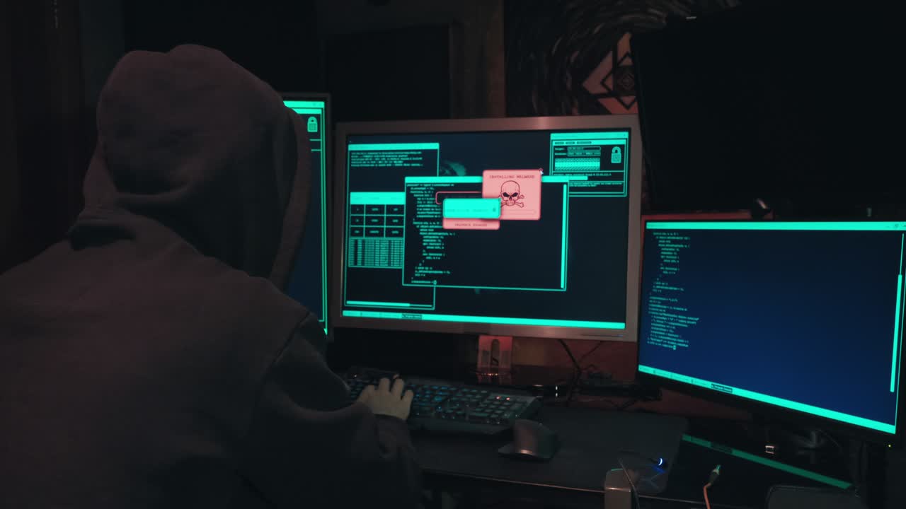 un hacker con capucha se sienta frente a las pantallas de las computadoras y piratea las bases de datos