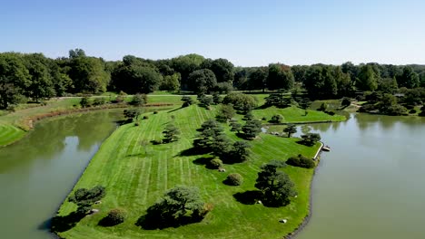 high resolution 4k beautiful drone aerial panoramic video of the famous chicago botanical gardens during a sunny beautiful day- usa