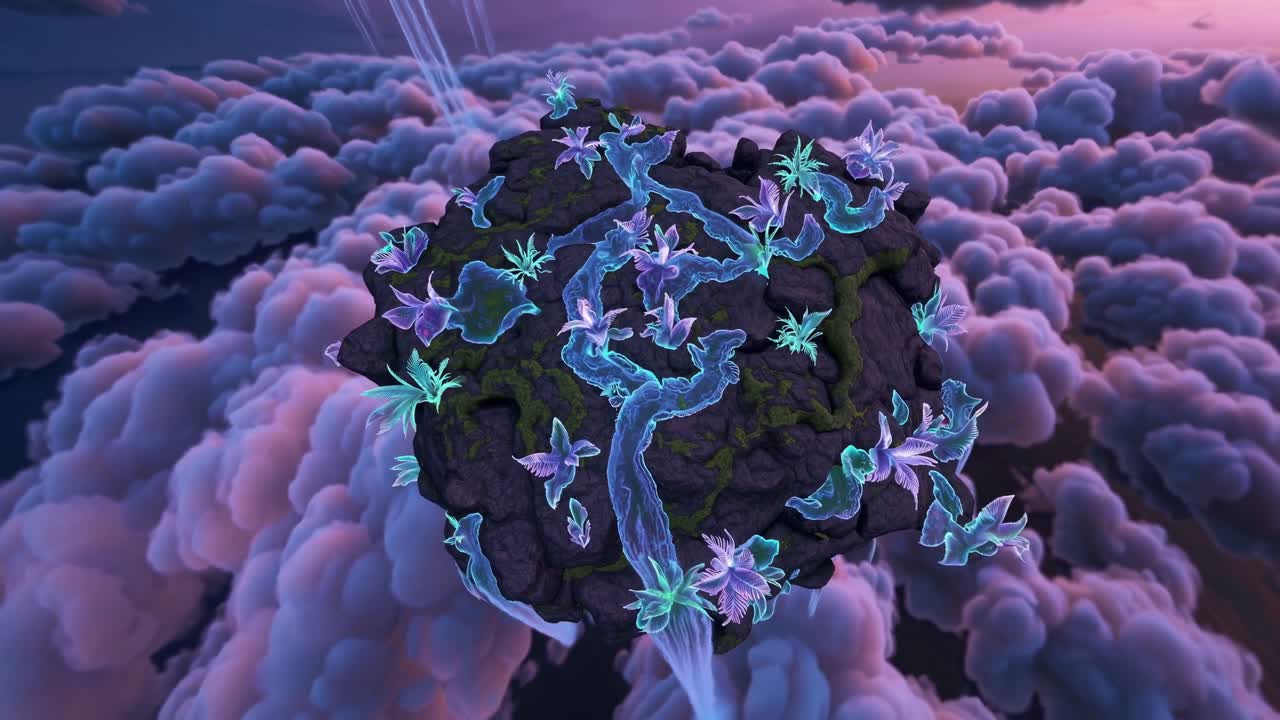 Enchanted floating island with vibrant flora and flowing water, surrounded by soft clouds, showcasing a magical scene of nature's beauty and tranquility in motion