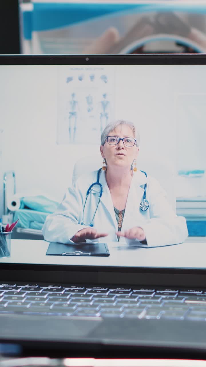 Video verticale: laptop con medico in videochiamata alla scrivania