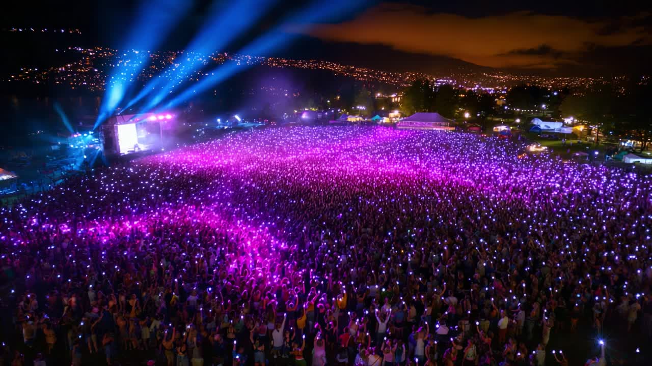 Captivating Nighttime Festival Atmosphere with Vibrant Lights and a Sweeping Crowd, Showcasing an Energetic Gathering Under a Starry Sky with Colorful Visuals and Excited Participants