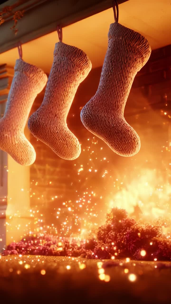 The warm glow of the fireplace illuminates a cozy scene, with beautifully crafted stockings hanging, filled with festive cheer, creating a magical atmosphere that celebrates holiday traditions and joy