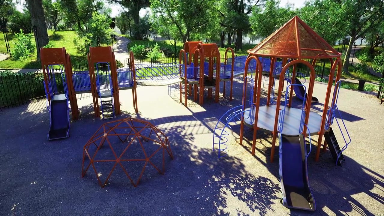 Área de lazer vibrante, playground colorido repleto de escorregadores e cordas.