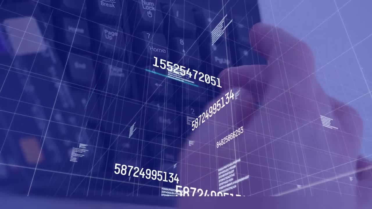 animación del procesamiento de datos sobre el hombre caucásico escribiendo en el teclado