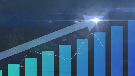 animation of bright light spot and statistical data processing against blue background