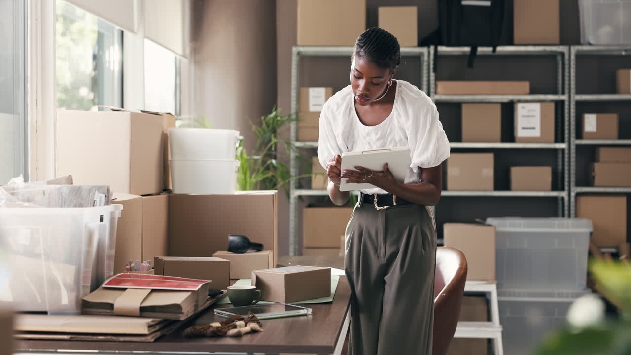 Young Black Woman Checking Packages and Inventory in Small Business Office