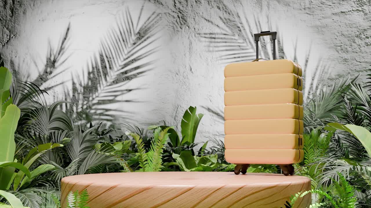 Yellow hard-shell suitcase standing on wooden podium surrounded by tropical plants and white textured wall. Travel and vacation concept. Design for banner, poster. Studio product display.