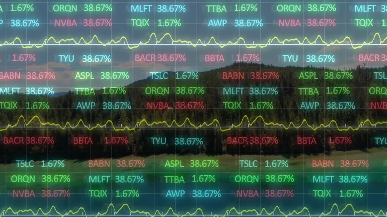 Feed refreshing, tickers shifting and yellow waveform pulsing, visualizing market swings over lake