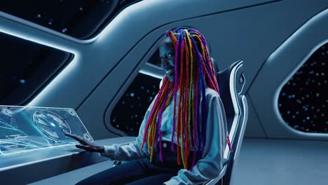 young woman interacting with futuristic interface in spaceship