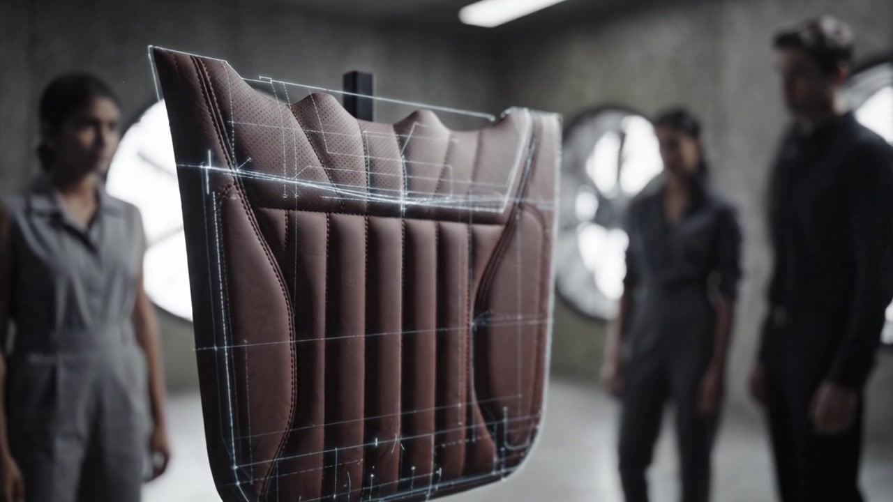 Erkundung innovativen Designs: Eine detailorientierte Untersuchung einer stilvollen braunen Stuhllehne in einem minimalistischen Studio mit Beobachtern und industriellen Elementen.