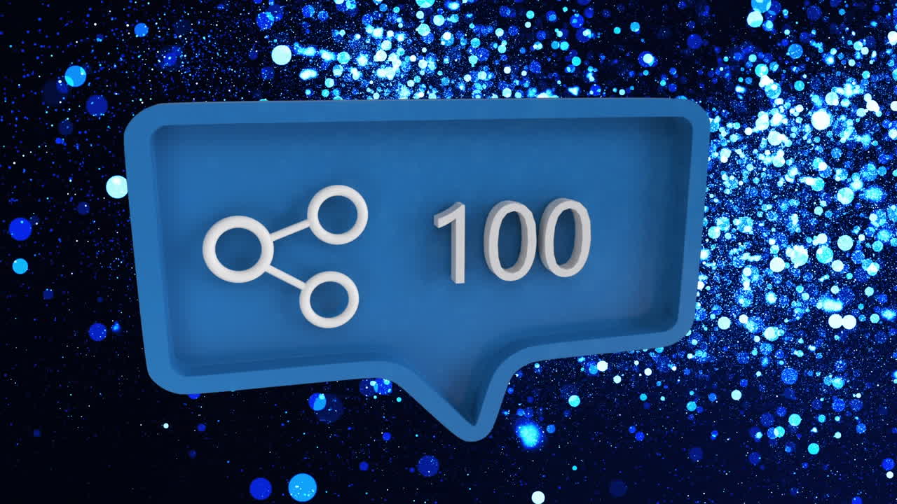 배경에 빛나는 파란색 반점 위에 공유 번호와 함께 파란색 음성 거품의 애니메이션